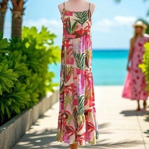 NWT True Destinations Floral Resort Wear Maxi Dress Scoop back Bright Tropical